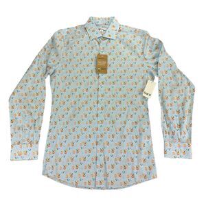 Bar III Mens Slim Fit Cocktail Print Long Sleeve Dress Shirt Blue S 14-14.5